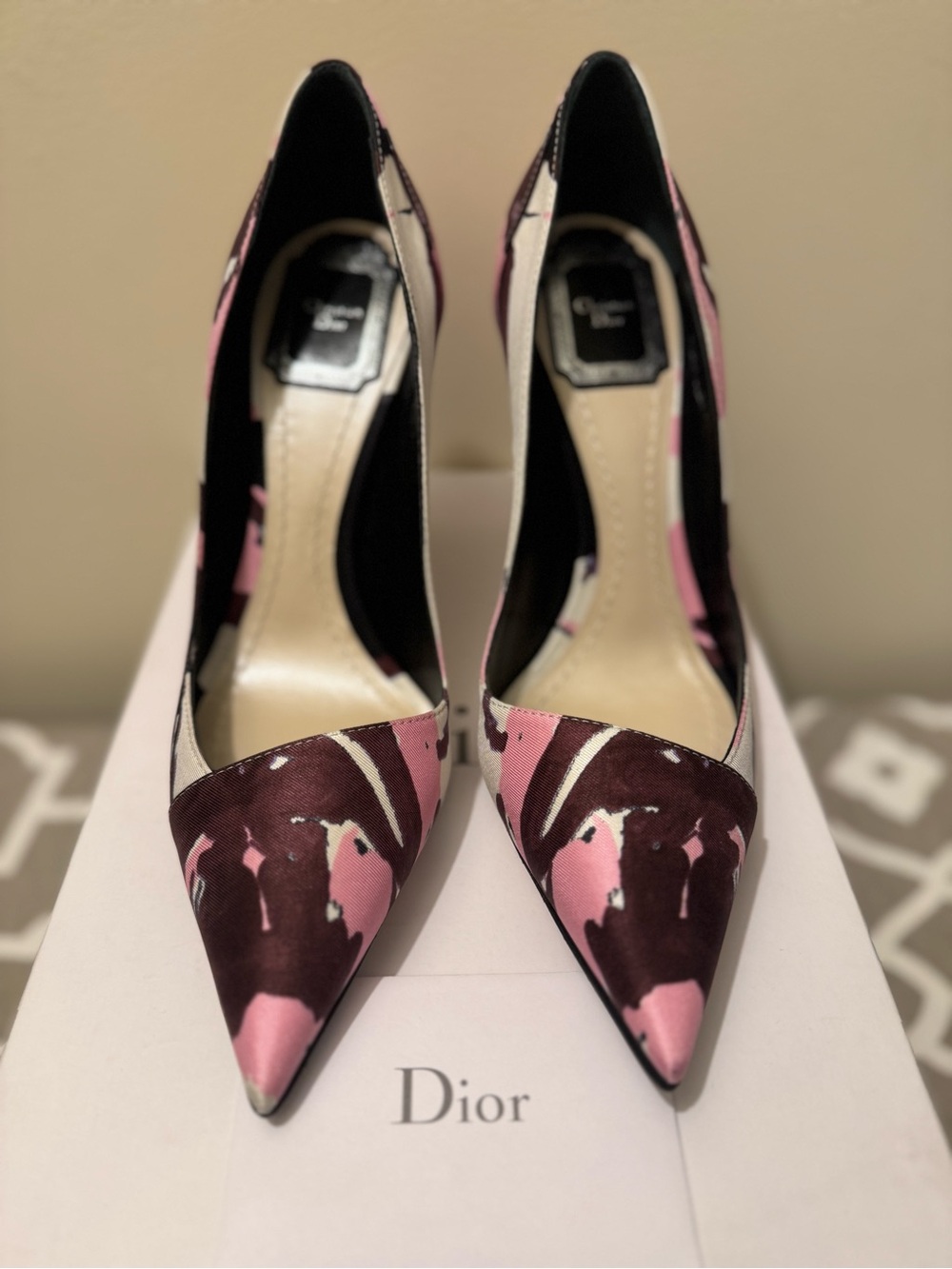 BNIB Christian Dior Songe Pink Burgundy Floral Satin Pumps Full Set Raf Simons